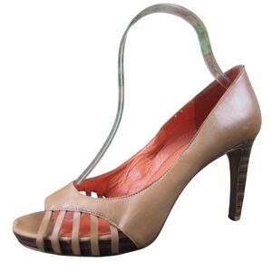 Via Spiga Women's 7 Tan Leather Peep-Toe Heels Strappy High‎ Heel Dress Shoes